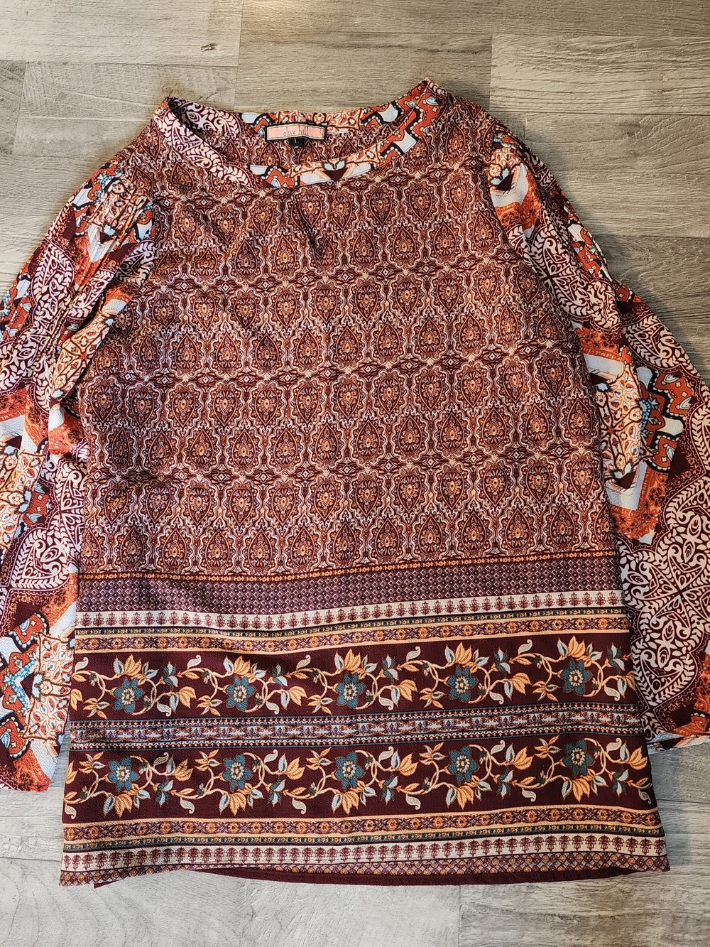 Olive Hill Women's Boho Floral Border Print Long Sleeve Top - Rust